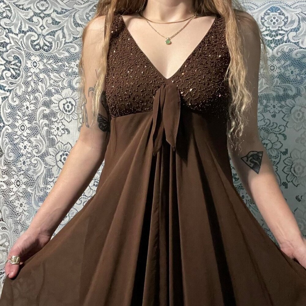 Eva Blue - Y2K Chocolate Brown Embellished Beaded Bodice Flare Formal Dress‌